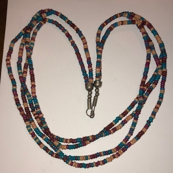 Vintage Teal Green/Blue & Brown Wood Beaded Multi Strand Necklace - Picture 1 of 5